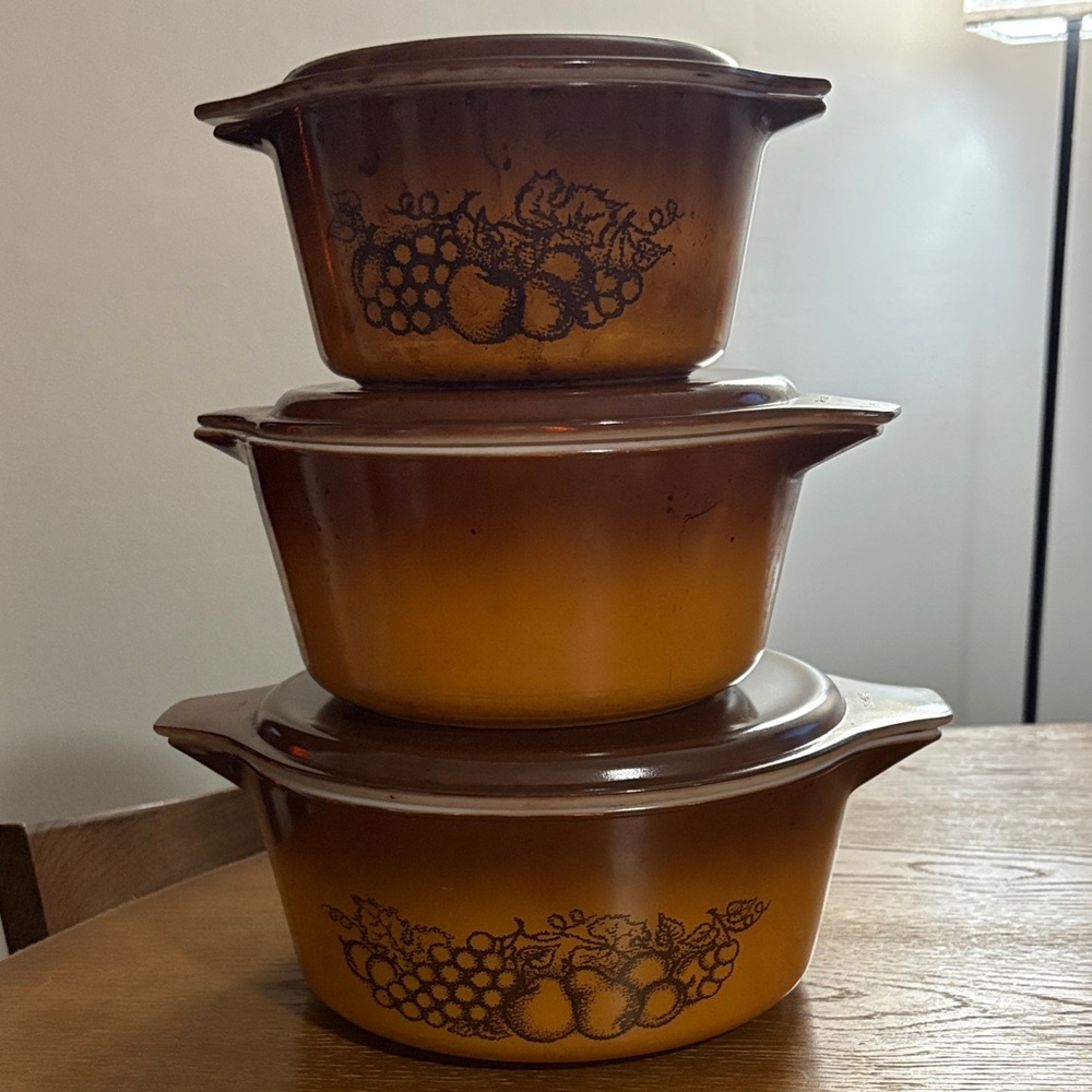 Vintage PYREX Old Orchard 3 pc casserole dish set